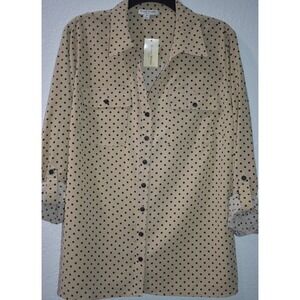 Studio Works 1X Taupe Dotted Stretch Button Shirt Roll Tab Sleeves Pockets NEW